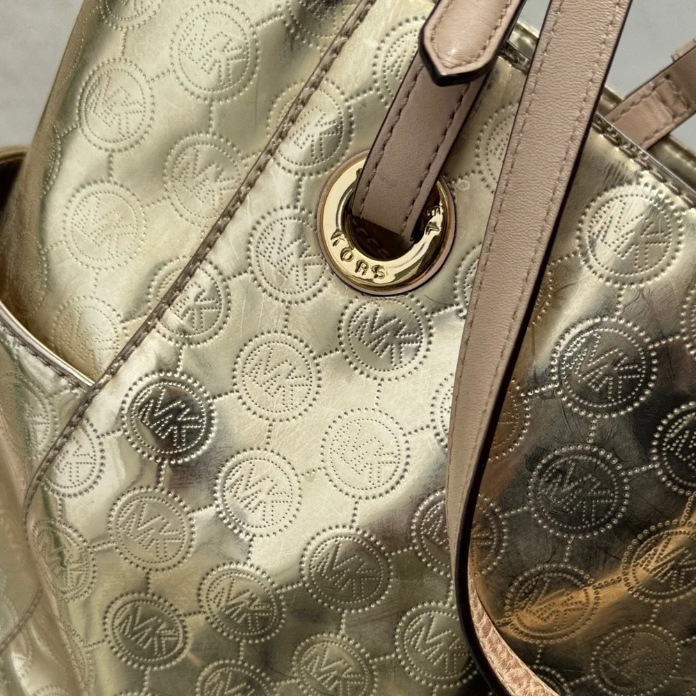 Michael Kors Gold Metallic Embossed MK Tote with Tan Handles - Picture 13 of 13